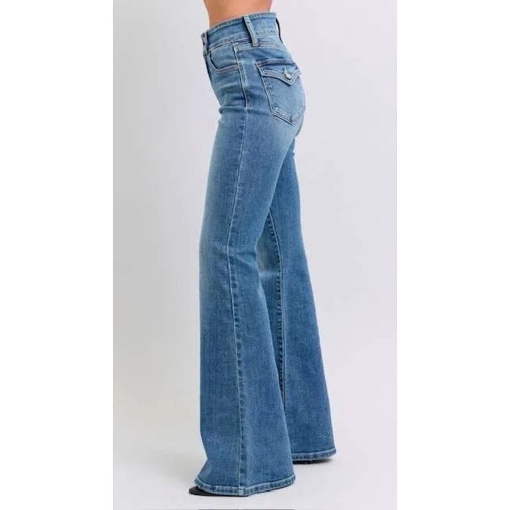 JUDY BLUE Flare High Rise Button Flap Pocket  Dark Wash Stretch Jeans